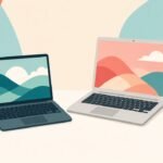 Flat vector illustration comparing a compact 14-inch laptop silhouette beside a larger 15.6-inch laptop on a student desk