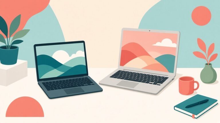 Flat vector illustration comparing a compact 14-inch laptop silhouette beside a larger 15.6-inch laptop on a student desk