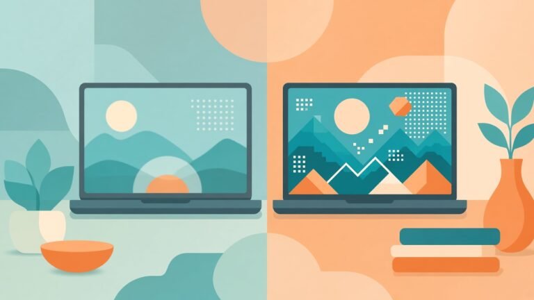 Two abstract laptop screens comparing FHD and QHD clarity for students