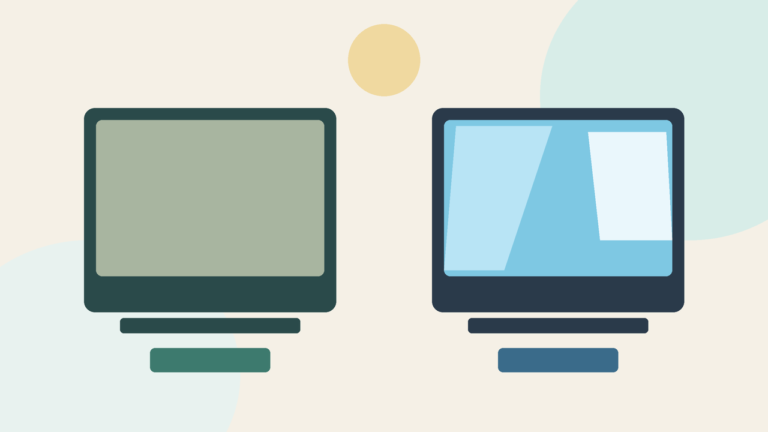 Flat vector illustration of two laptops comparing matte anti-glare panel versus glossy reflective panel in a bright classroom