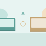 Flat vector illustration of a compact plastic laptop silhouette beside a brushed-metal laptop chassis on a student desk in soft teal and amber
