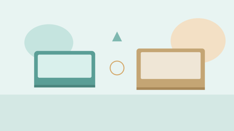 Flat vector illustration of a compact plastic laptop silhouette beside a brushed-metal laptop chassis on a student desk in soft teal and amber