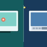 Flat vector illustration comparing a touchscreen laptop with finger tap versus a non-touch laptop with keyboard and trackpad