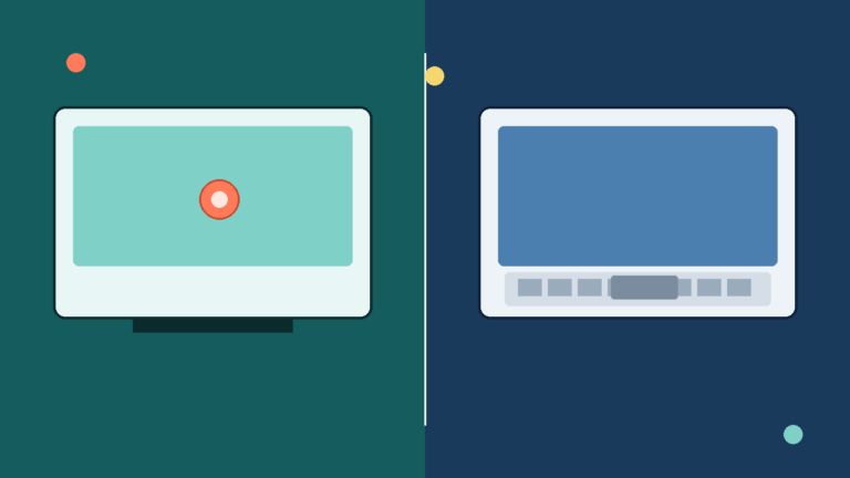 Flat vector illustration comparing a touchscreen laptop with finger tap versus a non-touch laptop with keyboard and trackpad