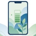 Flat vector illustration of a phone with a low battery meter and calm power-saving rings, no brand logos