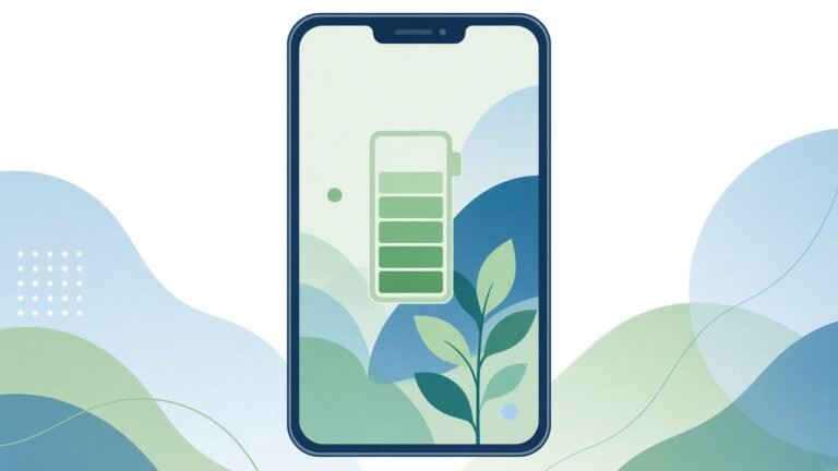 Flat vector illustration of a phone with a low battery meter and calm power-saving rings, no brand logos