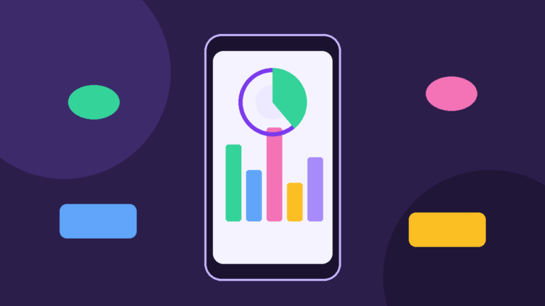 Flat vector illustration of a phone showing a simple screen-time chart and wellbeing dashboard icons