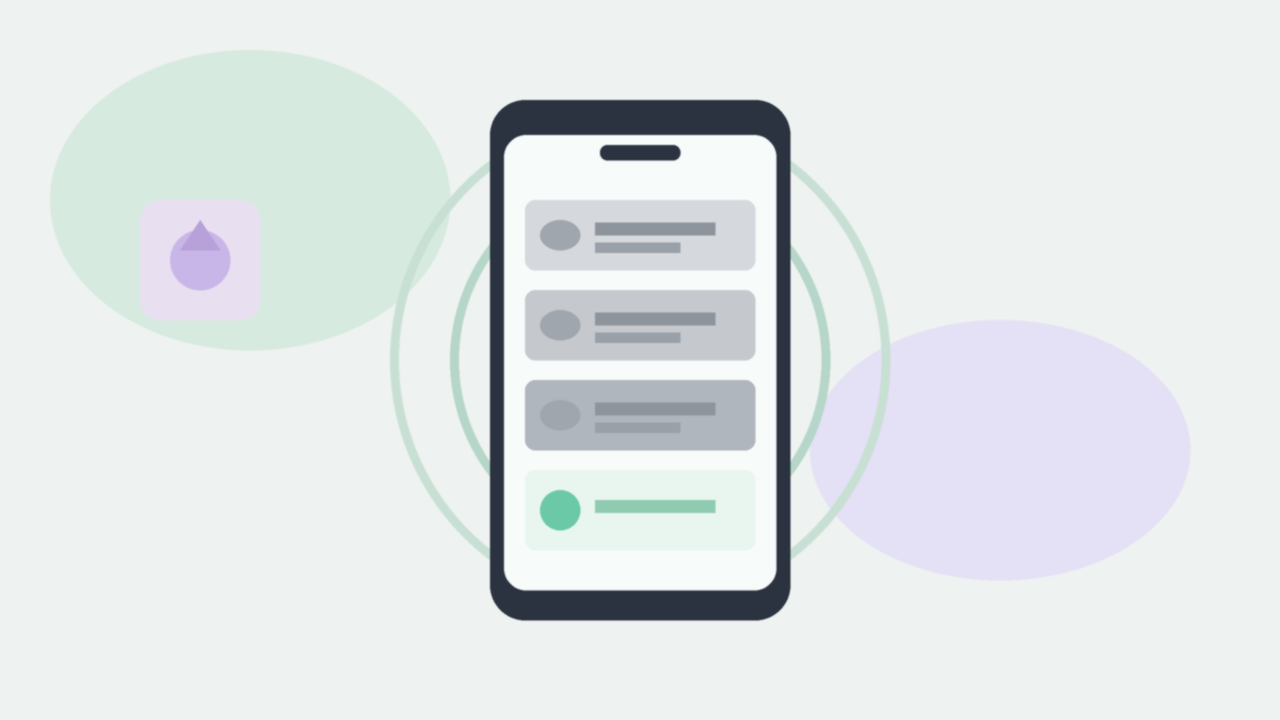 Flat vector illustration of a phone with soft focus rings and muted notification icons suggesting focus mode