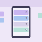 Flat vector illustration of phone notification panels as calm layered cards with mute and volume motifs in soft purple and blue