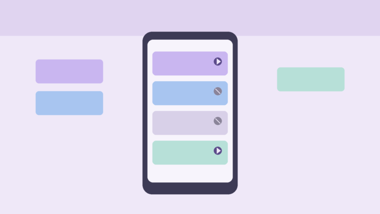 Flat vector illustration of phone notification panels as calm layered cards with mute and volume motifs in soft purple and blue
