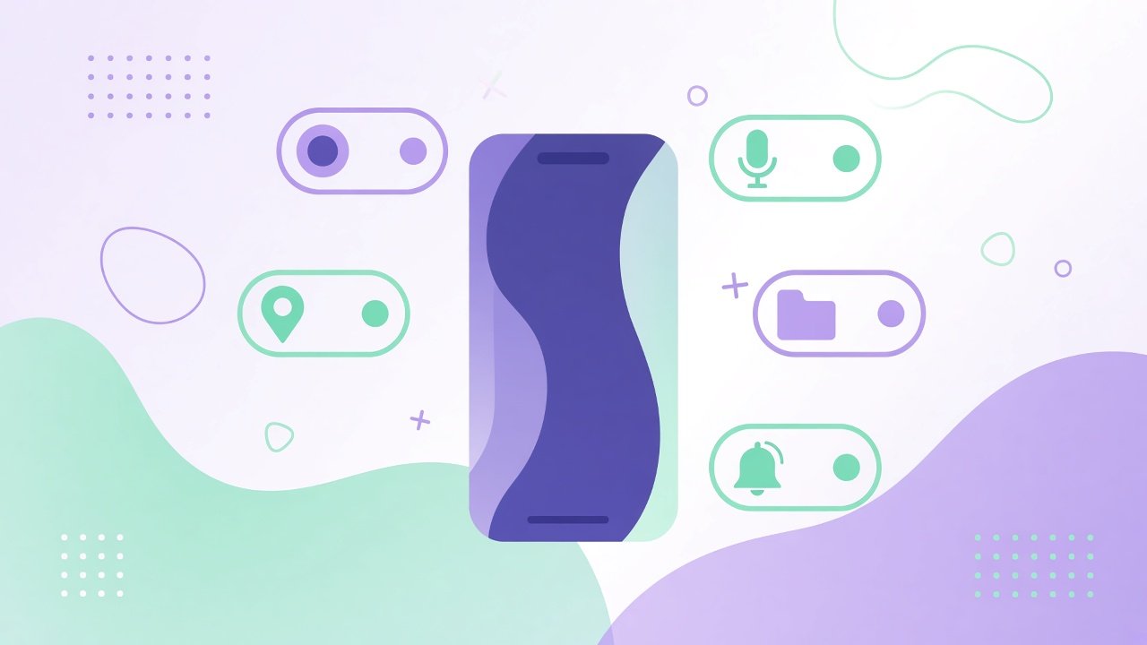 Original illustration of a phone with floating app permission toggles