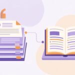 Flat vector illustration of reference cards and a document with citation marks flowing into an organized library box