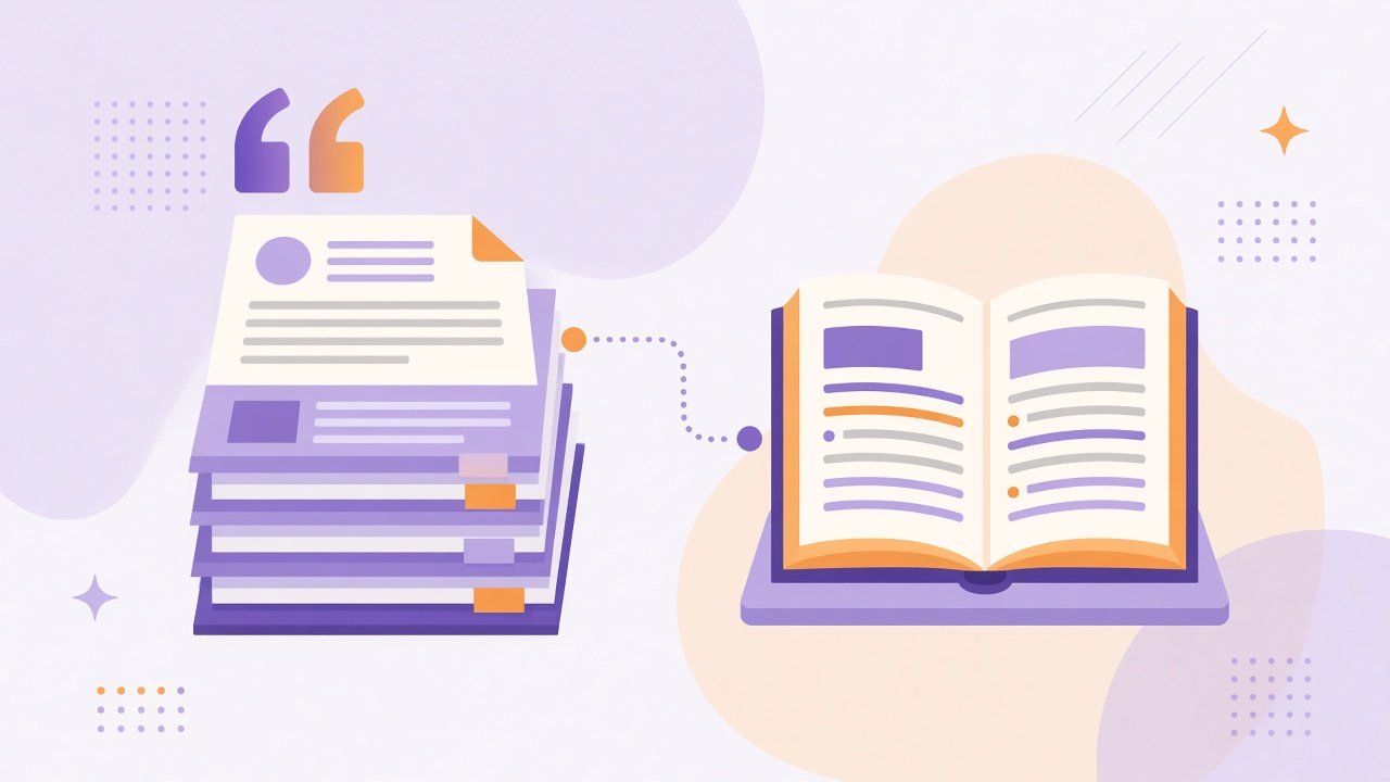 Flat vector illustration of reference cards and a document with citation marks flowing into an organized library box
