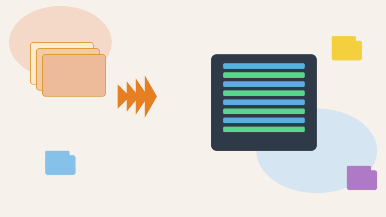 Flat vector illustration of abstract zip archive folders and file stacks being compressed, no brand logos