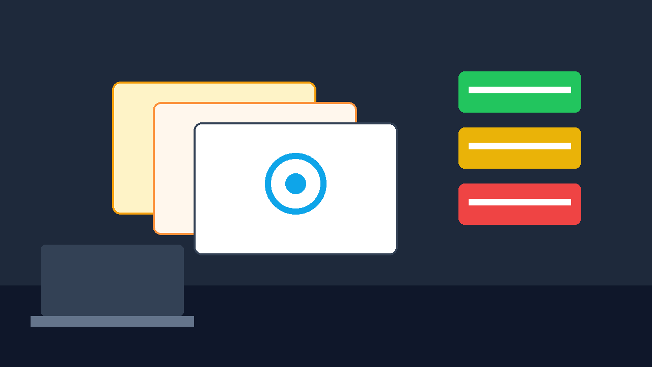 Flat vector illustration of study flashcards and a laptop with simple card deck icons