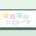 Flat vector illustration of a digital whiteboard with sticky notes and simple shapes on a laptop desk in soft green tones