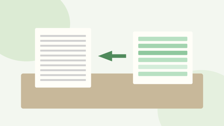 Flat vector illustration of a desk with a scanned document becoming selectable text blocks