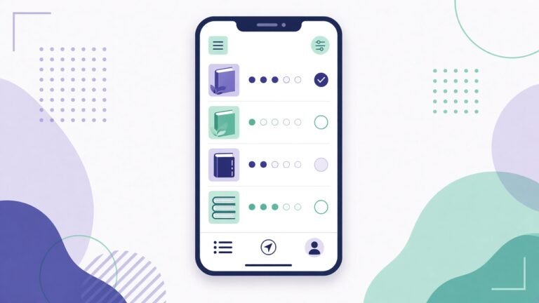 Flat vector illustration of a phone checklist with book and document icons for a student reading list