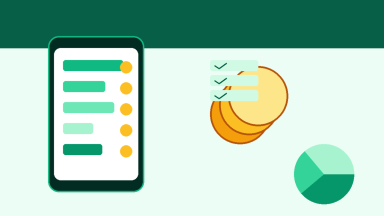 Flat vector illustration of a phone budget tracker with simple category bars and coins