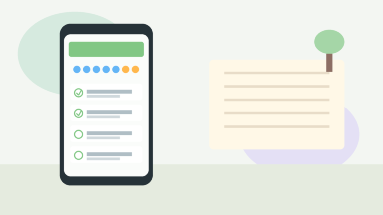 Flat vector illustration of a phone calendar checklist with weekly dots on a calm study desk, no real people