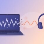 Laptop and headphones with broken-to-smooth sound wave illustration