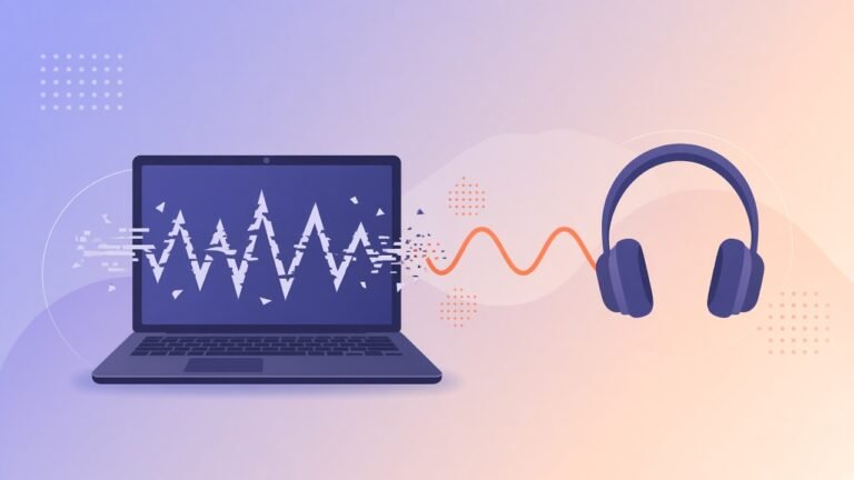 Laptop and headphones with broken-to-smooth sound wave illustration