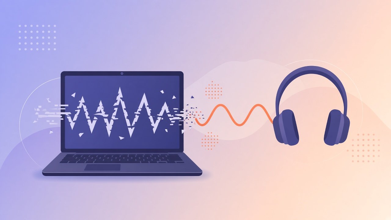 Laptop and headphones with broken-to-smooth sound wave illustration