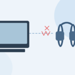 Flat vector illustration of wireless headphones with a dashed connection to a laptop and an interruption zigzag