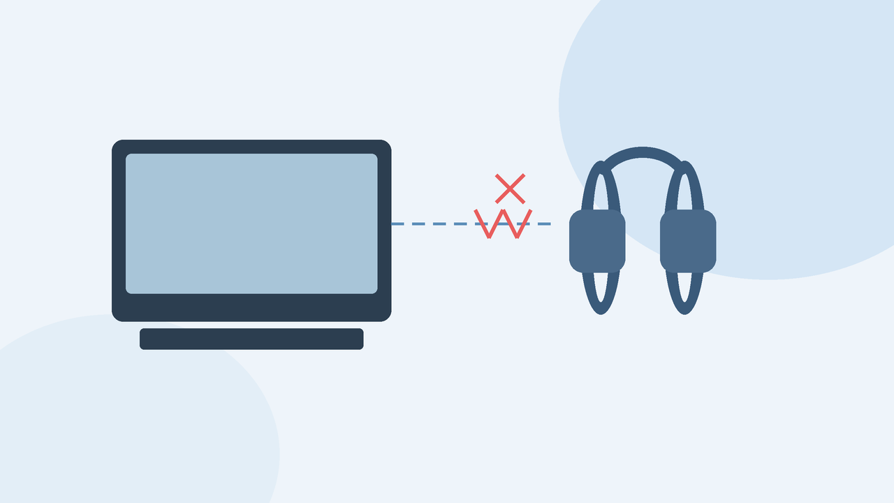 Flat vector illustration of wireless headphones with a dashed connection to a laptop and an interruption zigzag
