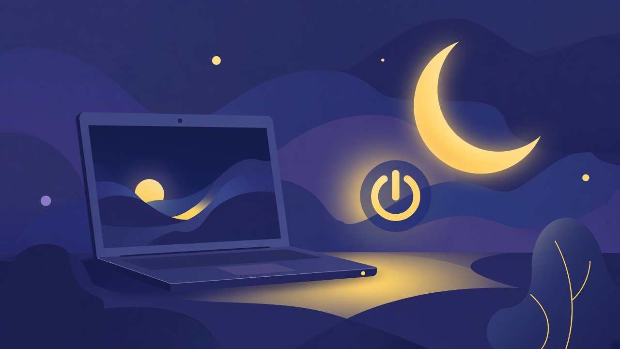Abstract laptop with moon and power symbol for sleep troubleshooting