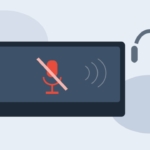 Flat vector illustration of a laptop with muted microphone icon and abstract online-class headset silhouette, no logos
