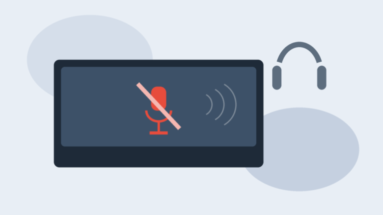 Flat vector illustration of a laptop with muted microphone icon and abstract online-class headset silhouette, no logos