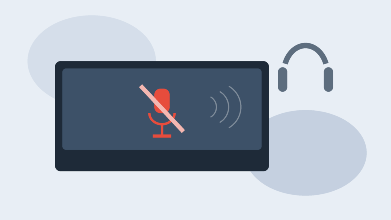 Flat vector illustration of a laptop with muted microphone icon and abstract online-class headset silhouette, no logos