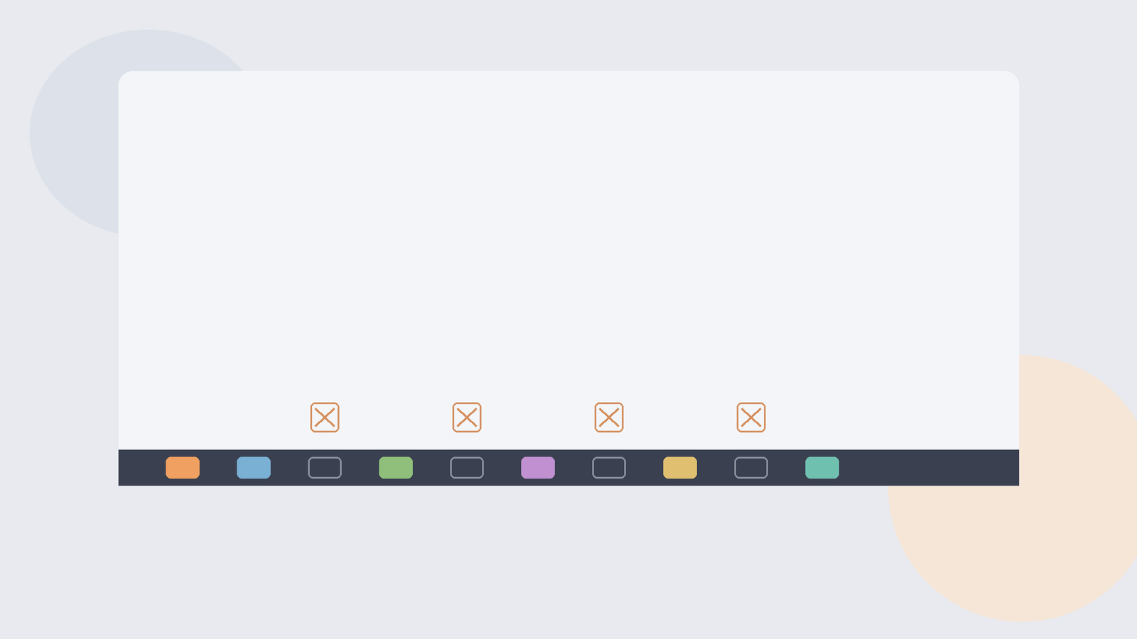 Flat vector illustration of a Windows-style taskbar silhouette with missing icon slots as empty rounded gaps in soft slate and orange