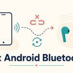 Original illustration of a phone and earbuds with a reconnect icon for Android Bluetooth fixes