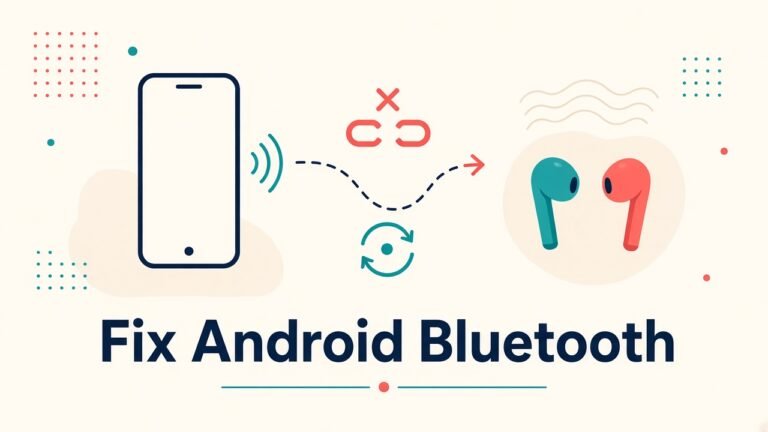Original illustration of a phone and earbuds with a reconnect icon for Android Bluetooth fixes