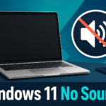 Original illustration of a laptop with a muted speaker icon, Windows 11 no sound