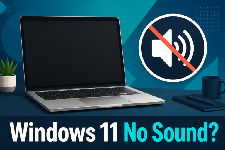 Original illustration of a laptop with a muted speaker icon, Windows 11 no sound